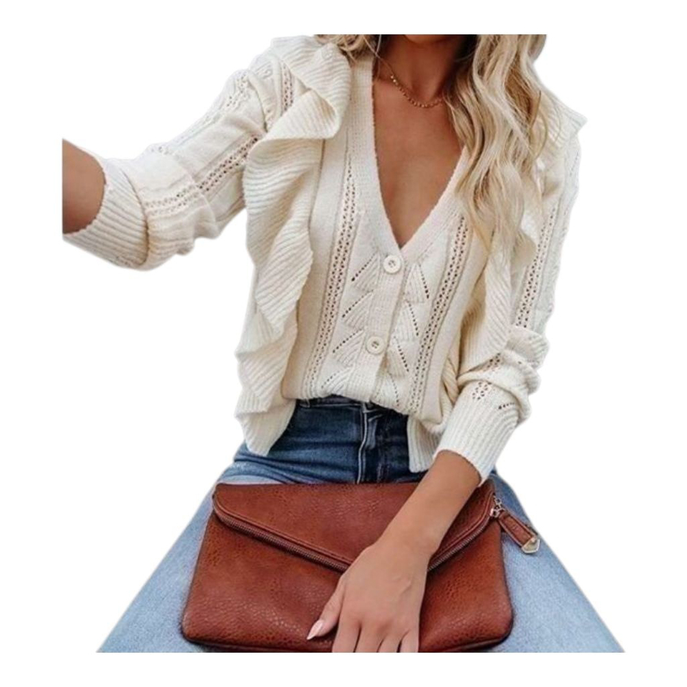 Elan Cream Ruffle-Trim V-Neck Knit Cardigan